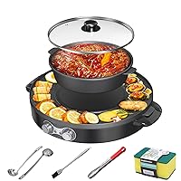2 in 1 Electric Grill Pan and Hot Pot with Free Clips,Brushes,soup & colander ladle,2200W Dual Temperature Control Korean Shabu Shabu,Non Stick Coating, Smokeless, Split Easy Cleaning.【Black】