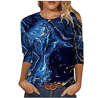 Summer Casual 3/4 Sleeve Shirt for Women Landscape Painting Pattern Top Three Quarter Sleeve Pullover Round Neck Tee
