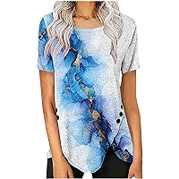 Women's Marble Printed Tunic Tops Fashion Irregular Hem Round Neck T-Shirts Summer Casual Loose Dressy Blouses for Leggings