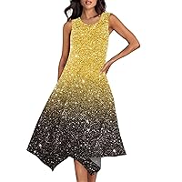Women's Dresses Summer Flowy Dresses for Women 2024 Summer Casual Beach Vacation Loose Fit with Sleeveless Round Neck Swing Dress Gold Large