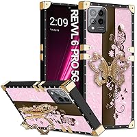 for T-Mobile REVVL 6 Pro 5G/T-Mobile T Phone Pro 5G Case, Bling Glitter 3D Kickstand Holder, with Square Rivet Shockproof Protective Slim TPU Phone Case for Girls Women (Pink)