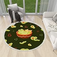 Round Boho Area Rug Seamless Pattern Mexican Cuisine Guacamole Sauce Green Mexican Soup Carpet with Tassels Meditation Rug Floor Mat Runner Rugs for Bedroom Playroom Nursery 6 ft