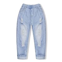 KIDSCOOL SPACE Girl Jeans,Elastic Elastic Waist Patchwok Raw Edge Denim Pants