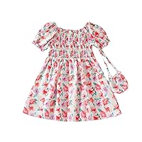 Toddler Baby Girl Dress Bubble Sleeve Floral Print Bow Princess Dress with Crossbody Bag Summer Clothes 5 Year