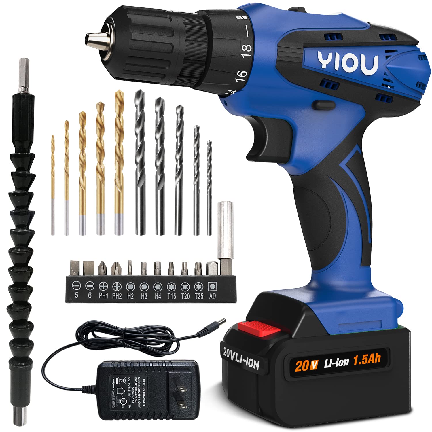 YIOU 20V MAX Cordless Drill, 18 Position Clutch Drill with 23PCS Drill Set, 3/8 Inches Keyless Chuck Power Drill and Battery Charger, Blue Driller Set