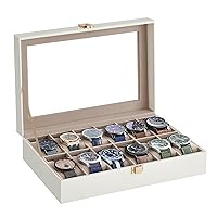 SONGMICS Watch Box, 12-Slot Watch Case with Large Glass Lid, Removable Watch Pillows, Watch Box Organizer, Gift for Loved Ones, Cloud White Synthetic Leather, Cappuccino Beige Lining UJWB120W01