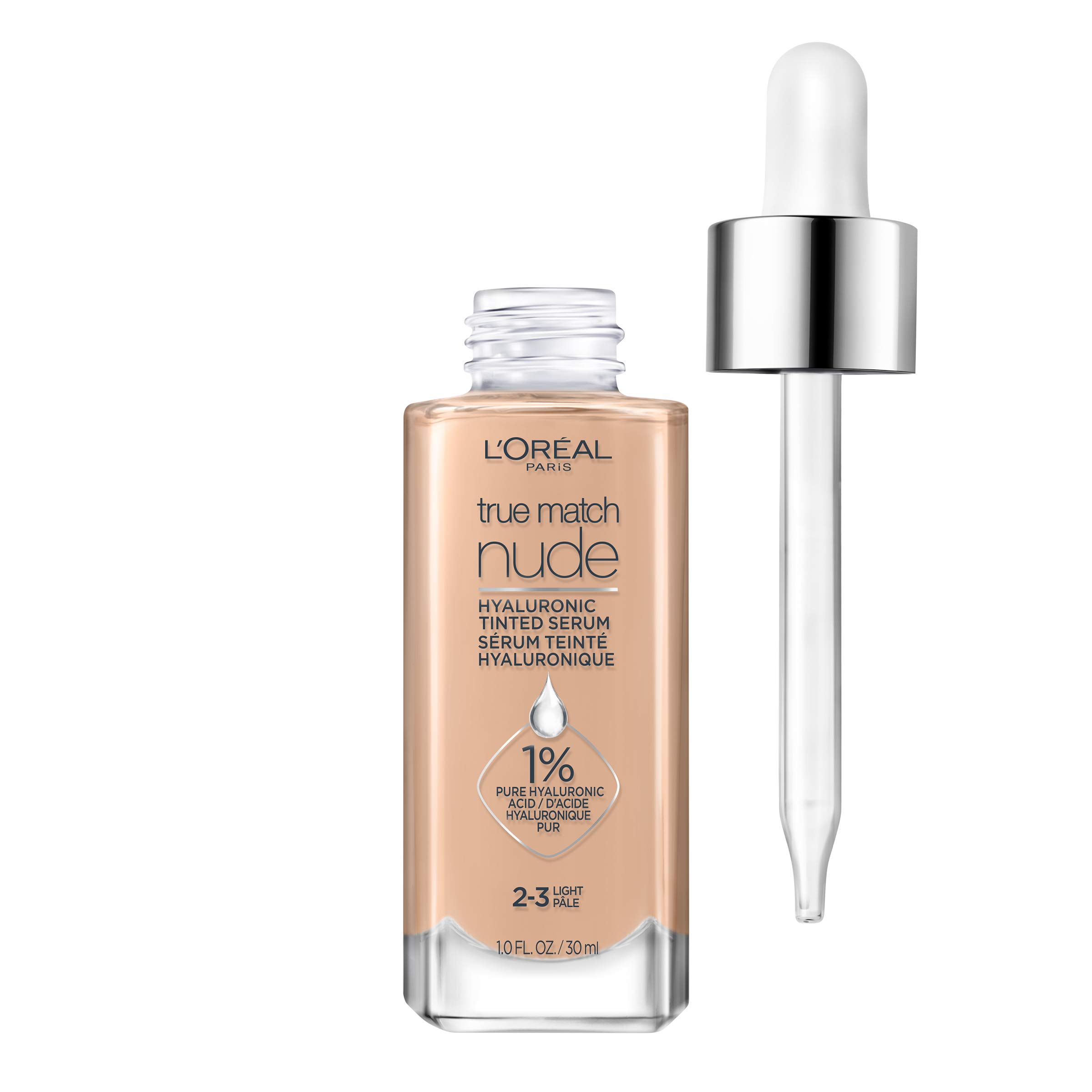 L’Oréal Paris True Match Nude Hyaluronic Tinted Serum Foundation with 1% Hyaluronic acid, Light 2-3, 1 fl. oz.