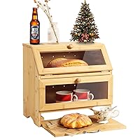 Bread Box For Kitchen Countertop with Cutting Board, Bread container with Acrylic Door Panel, Natural Bamboo Wooden Double Layer Large Capacity Bread Storage Bin (Natural Bamboo)