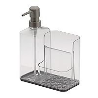 Spectrum Diversified Hexa Kitchen Refillable Soap Pump, Sponge, Easy-Clean Sink Organization & Dish Brush Holder with Removable Base, Clear & Gray