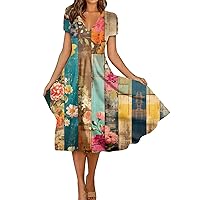 Dresses for Women Summer Floral Print Trendy Short Sleeves Maxi Dress Elegant V Neck Beach Dress Flowy Sundresses