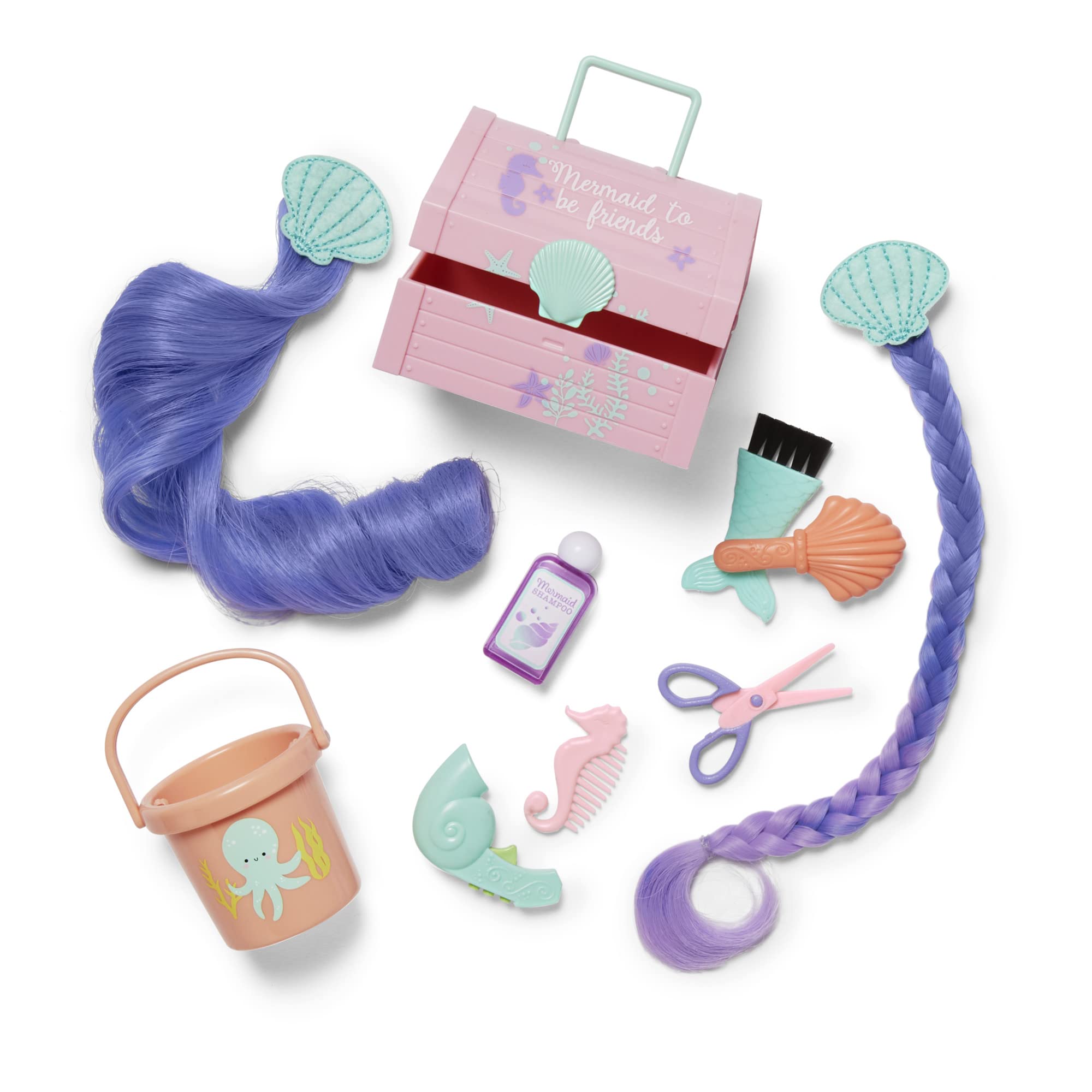 American Girl WellieWishers Seashell Salon Set for 14.5-Inch Dolls with a Purple and Pink Shell-Shaped Salon Chair, Two 10-Inch Clip-on Hair Extensions, and Pink Treasure Chest for Ages 4+