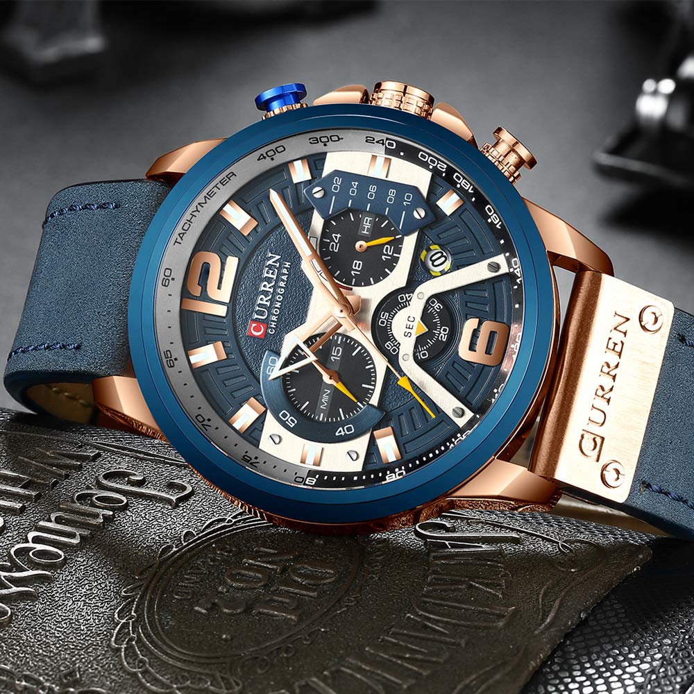 CURREN Mens Watches, Watches Quartz Analog Calendar Wrist Watch for Men, Fashion Waterproof Watch with Leather Strap