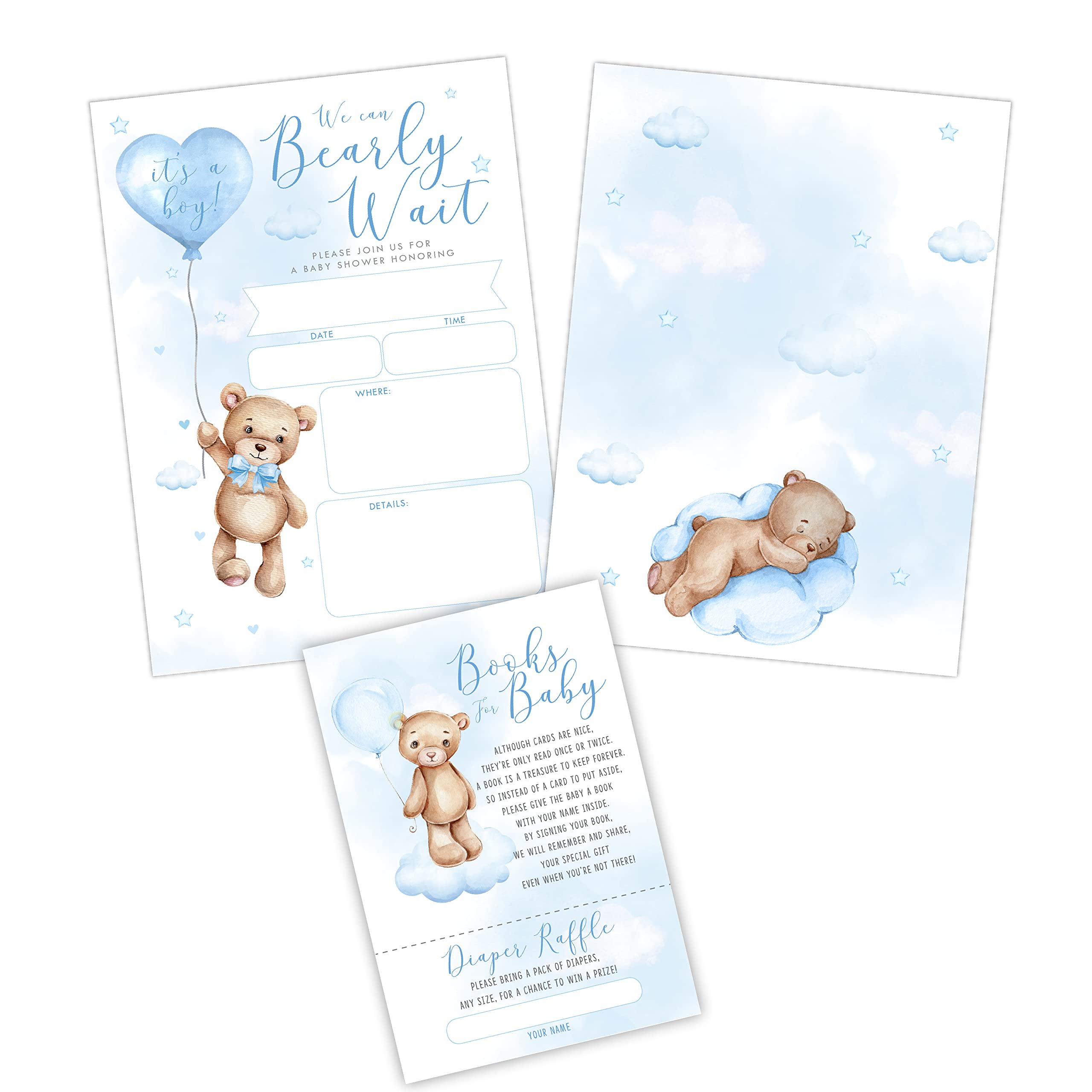 Bear Baby Shower Invitations with Book Request and Diaper Raffle Card, We Can Bearly Wait Teddy, Forest Animal, Baby Sprinkle, 20 Fill in Invites
