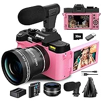 Mo Digital Cameras for Photography & 4K Video, 48 MP Vlogging Camera for YouTube with 180° Flip Screen,16X Digital Zoom,Flash & Autofocus,52mm Wide Angle & Macro Lens,2 Batteries,32GB SD Card(Pink)