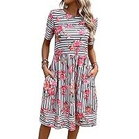 Summer Dresses for Women 2024 Striped & Floral Print A-line Midi Dress