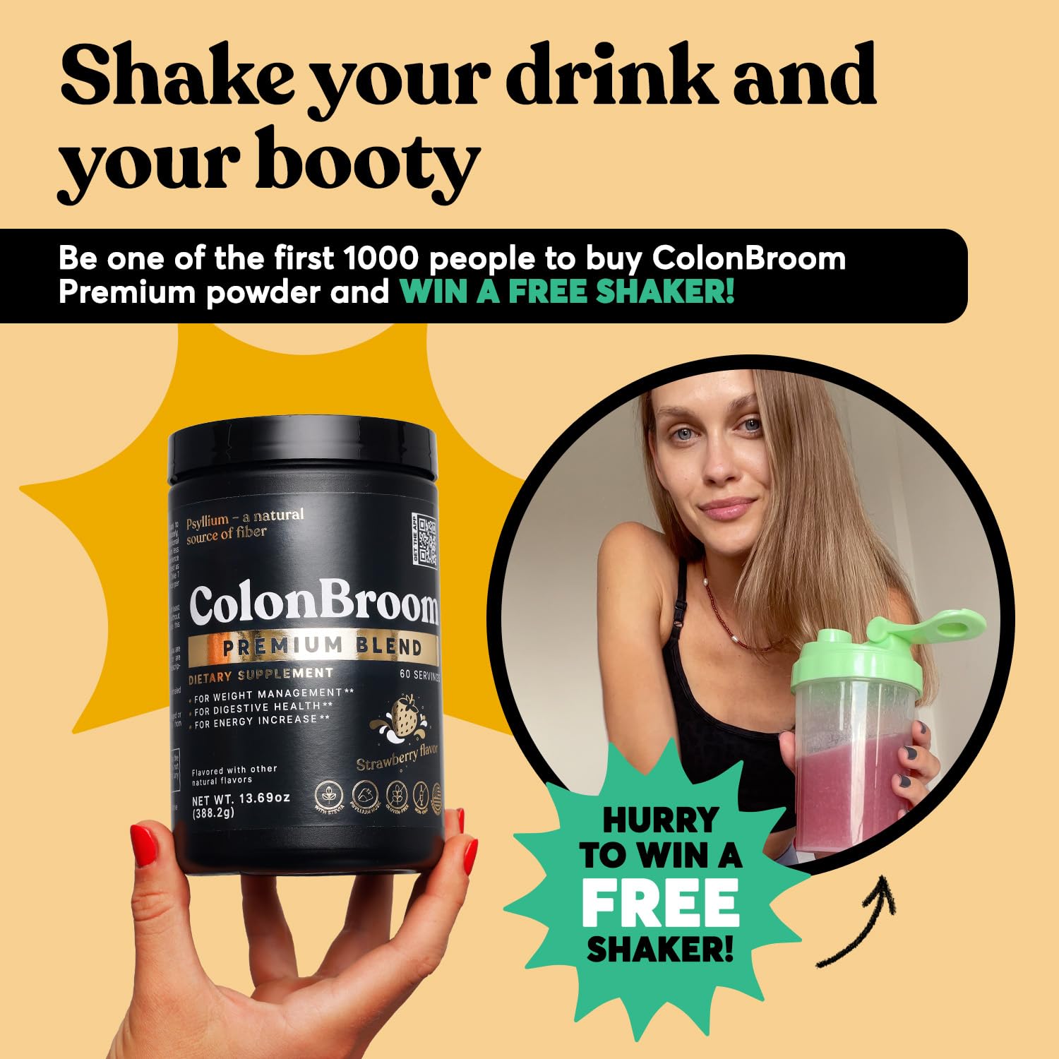 ColonBroom Premium Psyllium Husk Powder & Colon Cleanser, Gluten Free, Non-GMO Strawberry Psyllium Husk Fiber Powder Drink, for Bloating Relief, Gut/Colon Health (60 Servings)