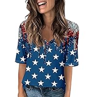 Sparkly American Flag Tee 4Th of July 2024 Patriotic Glitter Sequin Vneck Short Sleeve Shirts Tops for Women