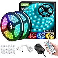 65.6ft LED Strip Lights, Ultra-Long RGB 5050 LED Strips with Remote Controller and Fixing Clips, Color Changing Tape Light with 12V ETL Listed Adapter for Bedroom, Room, Kitchen, Bar(32.8FTX 2)