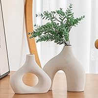 White Ceramic Vase Set of 2 for Modern Home Decor, Round Matte Donut Vases for Pampas Grass, Neutral Boho Nordic Minimalism Style Flower Vases for Living Room Wedding Table Party Office Bedroom