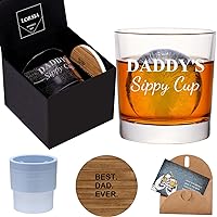 Daddy's Sippy Cup Whiskey Glass Set In Gift Box, Funny unique Gifts for New Dad, Father, Papa, Husband, Father's Day Gifts From Wife - 10 Oz Old Fashioned Glass & Ice Ball Mold & Coaster & Gift Card