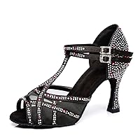 Women's T-strap Mesh Rhinestones Ballroom Latin Dance Shoes Prom Sandals