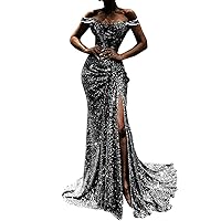 Sexy Off Shoulder Long Sleeve High Split Sequin Floor Length Evening Maxi Formal Gown Dress