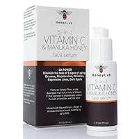 Vitamin C Face Serum with Hyaluronic Acid, Manuka Honey and peptides. Anti-aging serum contains Marine extracts that soften the look of dark spots, wrinkles and fine lines. 2oz bottle.