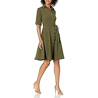 Sharagano Women's Button Front Pleated Shirt Dress, Olive DRAB, 6