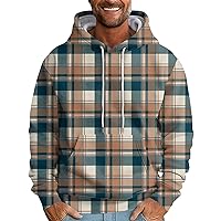 Mens Hoodie Long Sleeve Comfy Sweatshirt Hoody Plaid Print Lightweight Sport Pullover Sreetwear with Pocket Tops