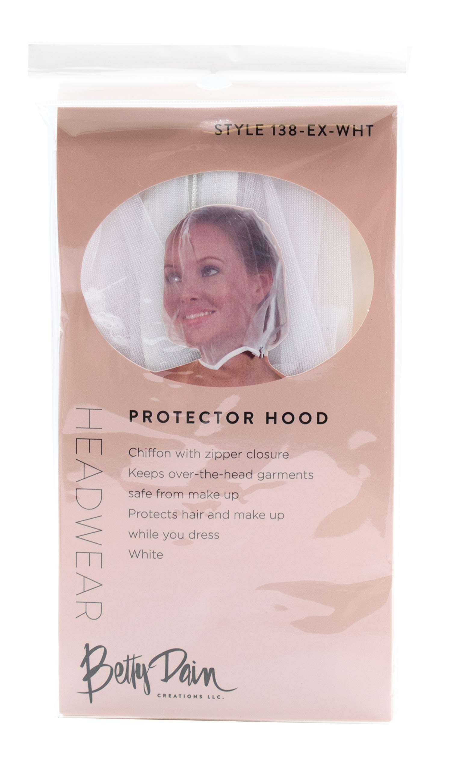 Betty Dain Makeup Protector Hood, Protects Hair and Make Up While Getting Dressed, Nylon Chiffon, Light and Airy, Triple Protection, Zipper closure, Machine Washable, White