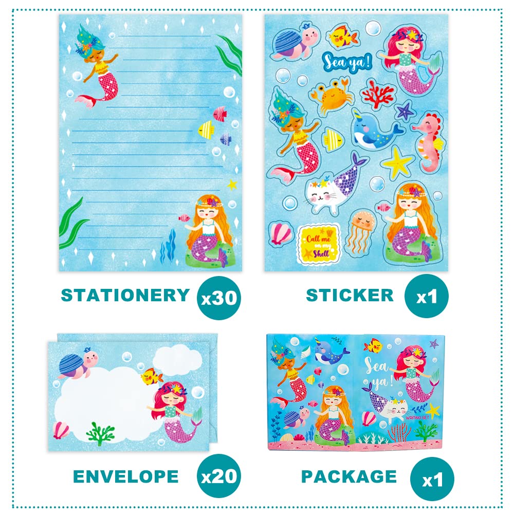 Lined Stationary Paper and Envelopes Set for Kids Mermaid Stationary Set for Girls with Lined Letter Writing Paper – 30 Sheets + 20 Envelopes, 8.3 x 5.9 Inch of Each Stationary Paper