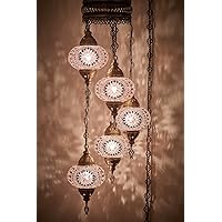 DEMMEX Swag Plug in Light, Turkish Moroccan Colorful Mosaic Wall Plug in Ceiling Hanging Light Chandelier Lighting with 15feet Chain Cord & Plug, 5 Big Shades (Lavender - Purple)