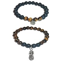 Women's Tiger Eye & Black Lava Stone Essential Oil diffuser Beads Charm Inspirational Stretch Bracelet Gift Set, Girls, Teens