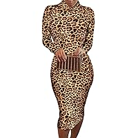 Pink Queen Women's Turtleneck Midi Dress Leopard Print Long Sleeve Slim Fit Party Dress M