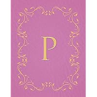 P: Modern, stylish, capital letter monogram ruled composition notebook with gold leaf decorative border and baby pink leather effect. Pretty with a ... use. Matte finish, 100 lined pages, 8.5 x 11.