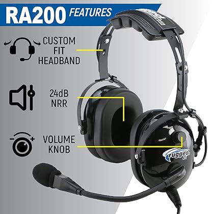 Rugged Air RA200 General Aviation Headset for Student Pilots – Features Passive Noise Reduction Adjustable Headband Full Flex Mic Boom and Headset Bag