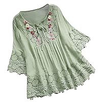 Bohemian Tunic for Older Women Bohemian Style Linen Floral Graphic Blouses Embroidered Lace Up Summer Tops Ruffle