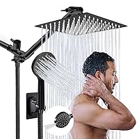 Shower Head,8” Rain Shower Head with Handheld Spray Combo with ON/OFF Pause Switch and 11'' Extension Arm/Flow Regulator,High Pressure Rainfall Shower Head Easy to Clean Bathtub,Matt Black
