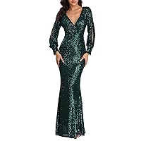 Sparkly Dresses for Women Maxi Dress Glitter Party Club Dress Sleeveless V-Neck Ruched Cocktail Bodycon Dress