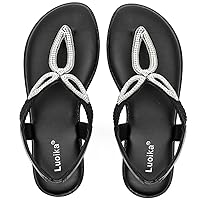Luoika Women's Wide Width Flat Slides Sandals, Flip Flop Strappy Rhinestone Thong Sandals Comfortable Summer Beach Shoes for Women.