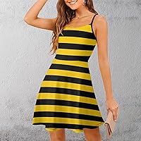 Bee Yellow Black Stripes Women's All Over Printed Sling Dress Sleeveless Strap Swing Sundress