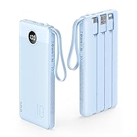 VRURC 10000mAh Power Bank Built-in Cables, Portable Charger with LED Display, Slim Travel Battery Pack with Cords, 5 Output Dual Input Phone Charger for Cell Phone Smart Devcies-Blue(1 Pack)