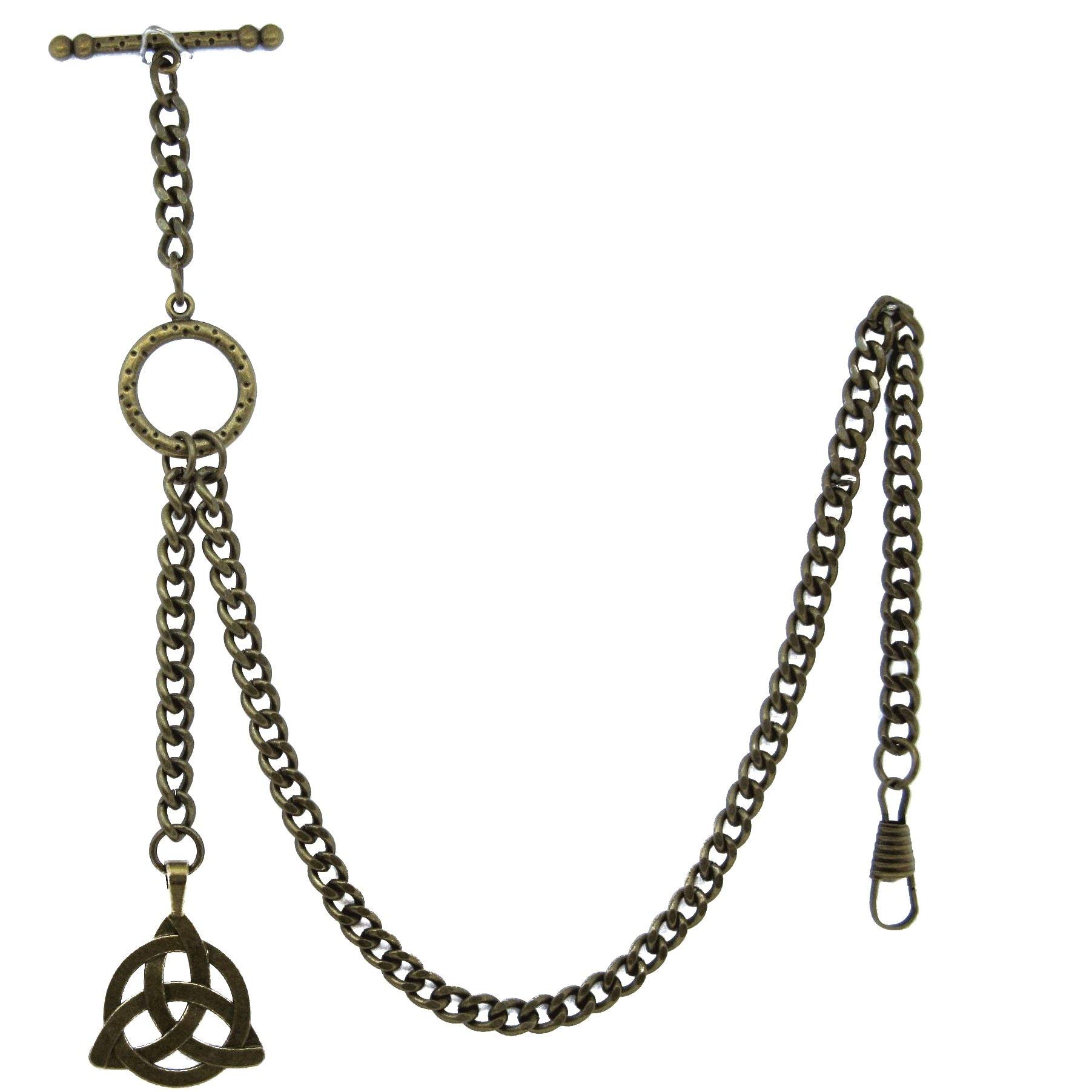Albert Chain Pocket Watch Chains for Men Antique Brass Color - 2 Ways Usage on Vests & Trousers or Jeans with Symmetrical Pattern Fob T Bar ACT08