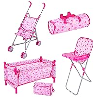 BABESIDE 5 Pcs Baby Doll Accessories Play Set for 12-17'' Baby Dolls Pack N Play Furniture Toys Bed Set with Doll Stroller, Crib, Storage Bag, High Chair, Pink Love
