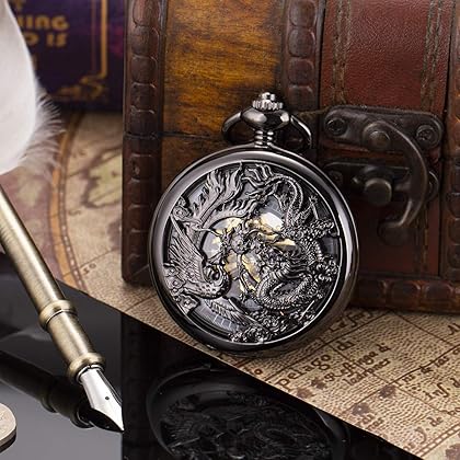 ManChDa Antique Mechanical Pocket Watches for Men Lucky Dragon Phoenix Pocket Watch with Chain Black Skeleton Dial Roman Numberals Gifts for Fathers Day