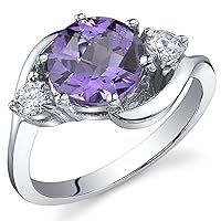 PEORA Amethyst 3-Stone Ring for Women 925 Sterling Silver, Natural Gemstone, 1.75 Carats Round Shape 8mm, Sizes 5 to 9