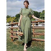 Dresses for Women - Puff Sleeve Mock Neck Belted Dress (Size : Large)