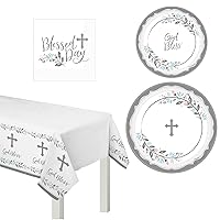 Religious Party Supplies for 18 People | Plates Napkins Tablecover | Baptism Holy Communion Confirmation Dedication | Inspirational Holy Day Cross Design