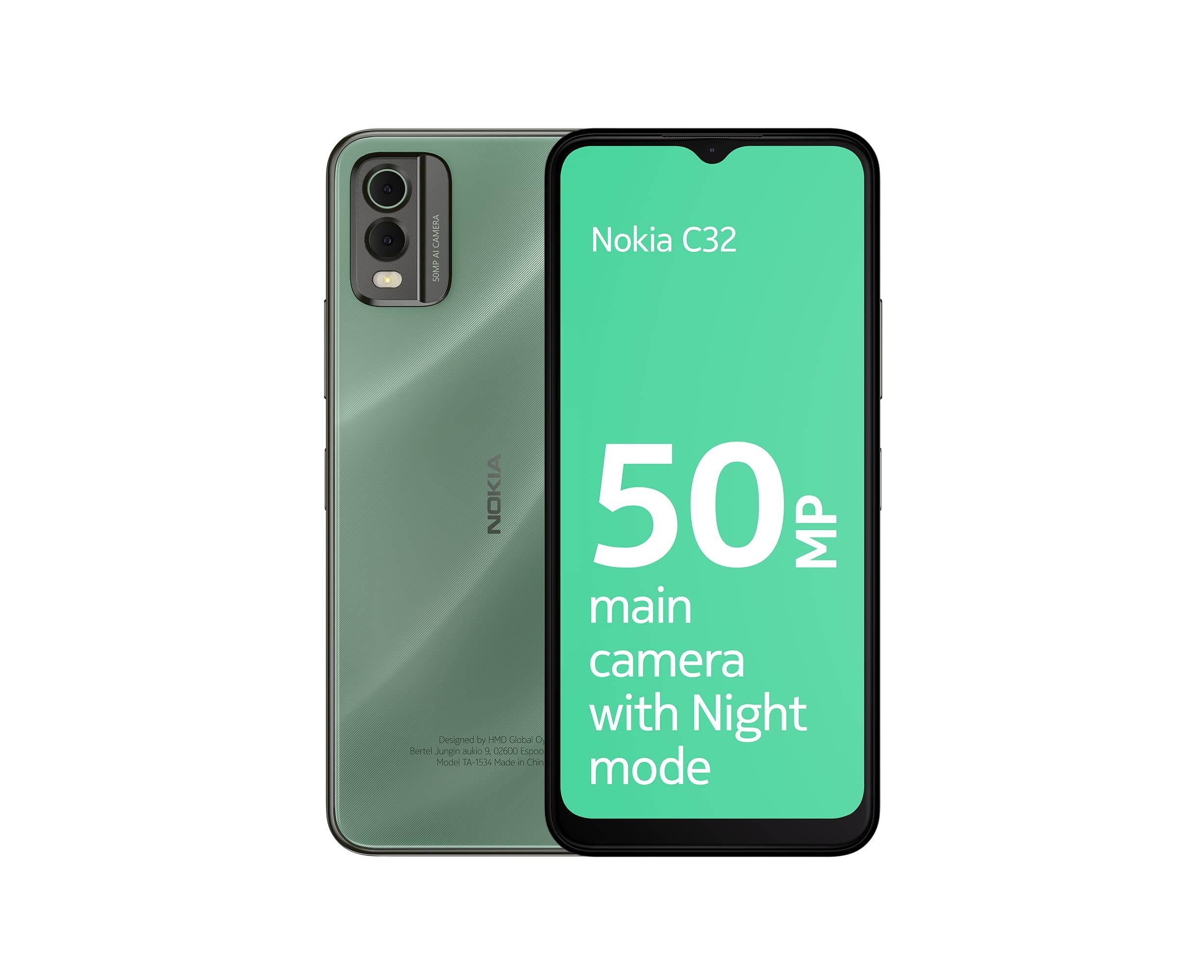 Nokia C32 6.5” HD+ Smartphone with 4GB RAM/64GB ROM, 50MP/8MP cameras, 5000 mAh 3-day Battery Life, Toughened Glass back, IP52 Rating, Fingerprint sensor & Face unlock, Android 13, Dual SIM - Green