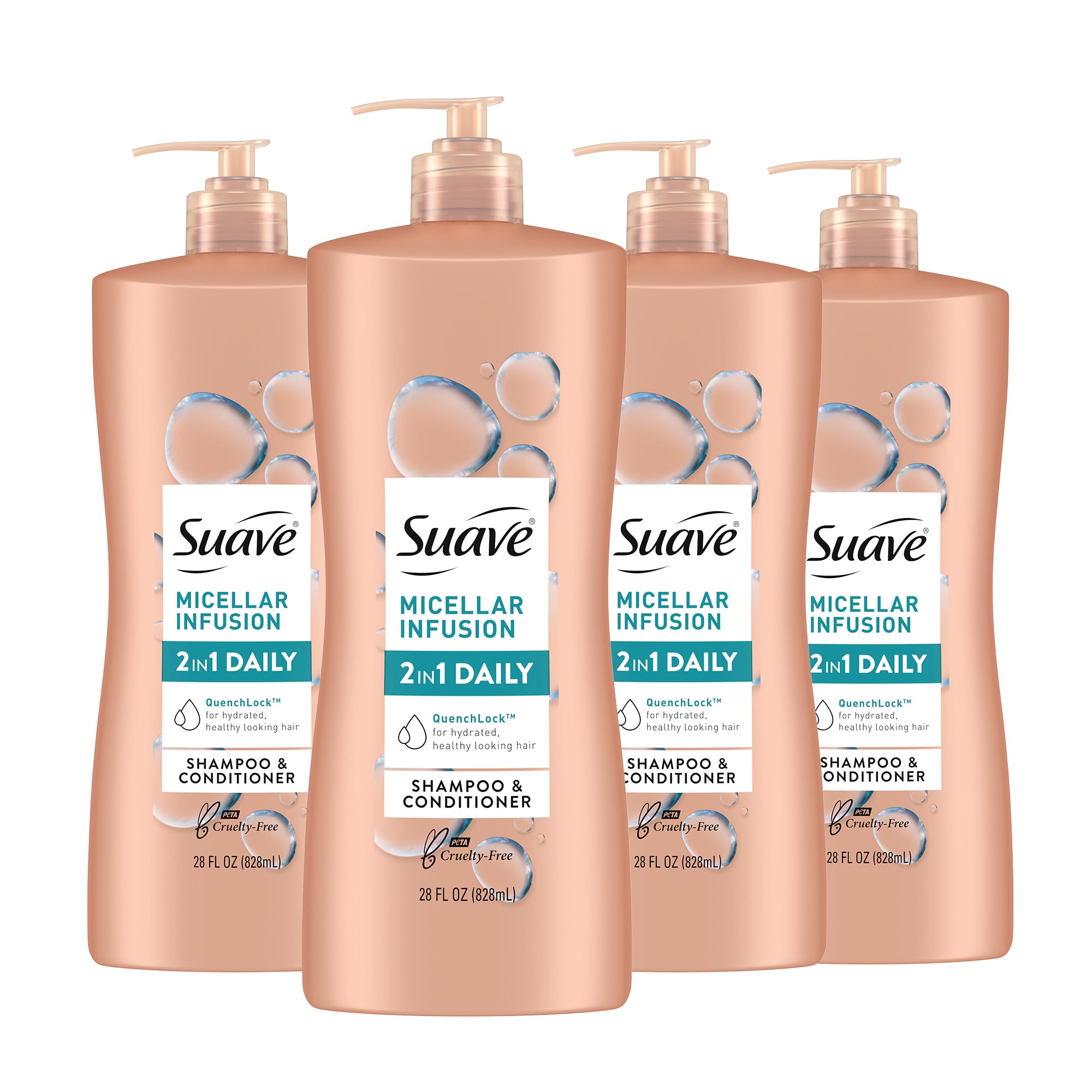 Suave 2 in 1 Shampoo and Conditioner with Micellar Infusion, cleansing and conditoning For All Hair Types, 28 oz Pack of 4